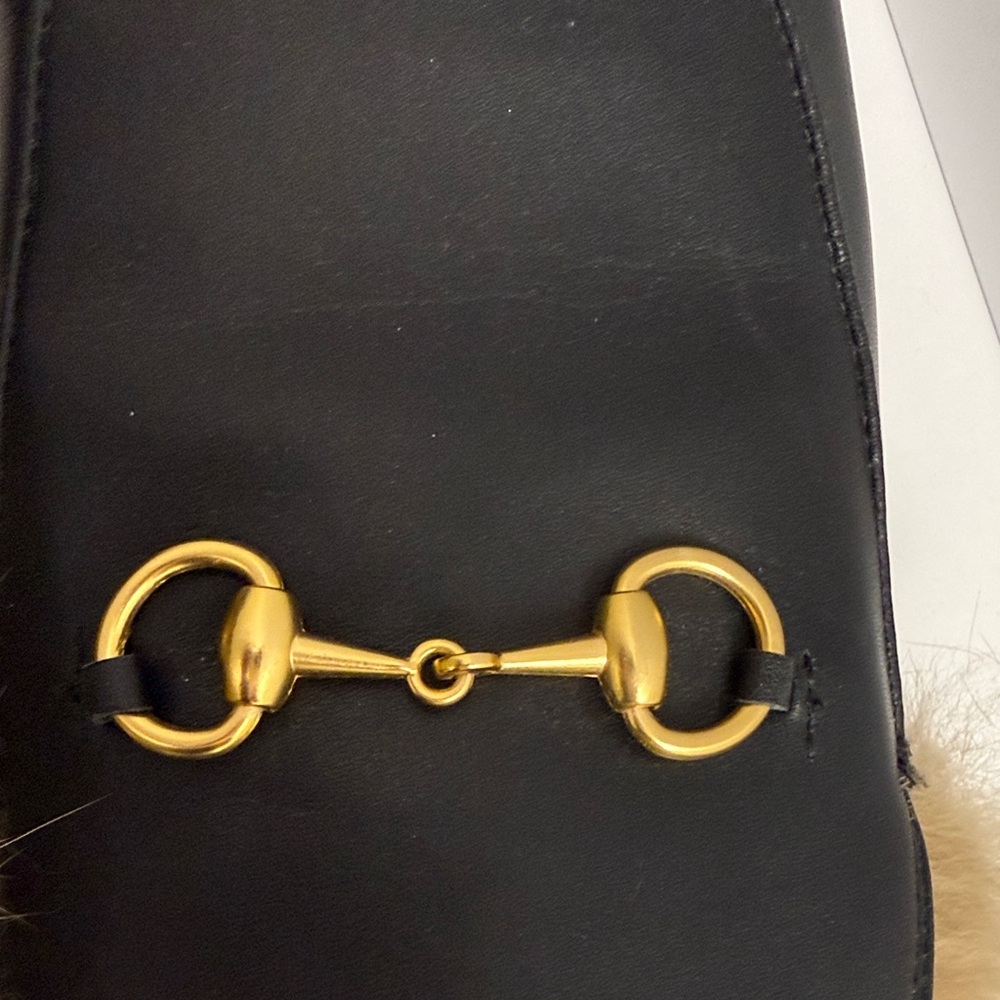 Gucci Black Mules with Gold Horsebit and Fur - Picture 2 of 8